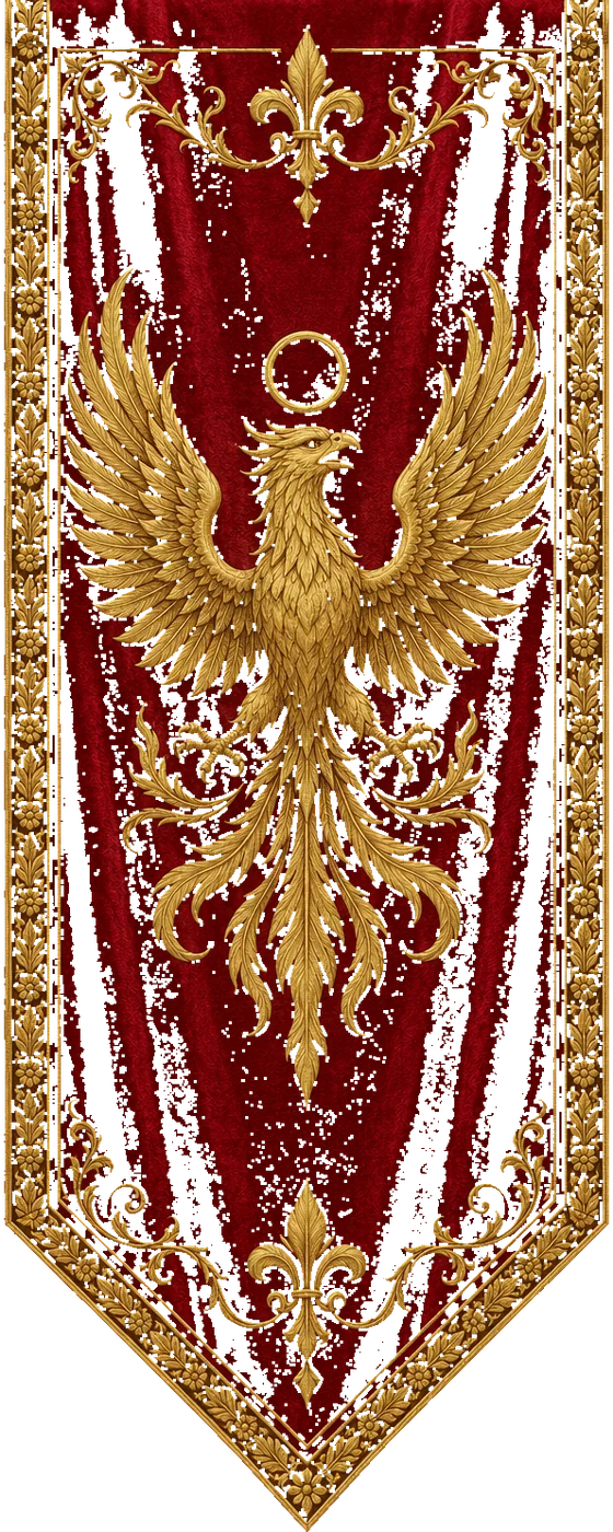Crimson and gold banner of chapter two, bearing a phoenix