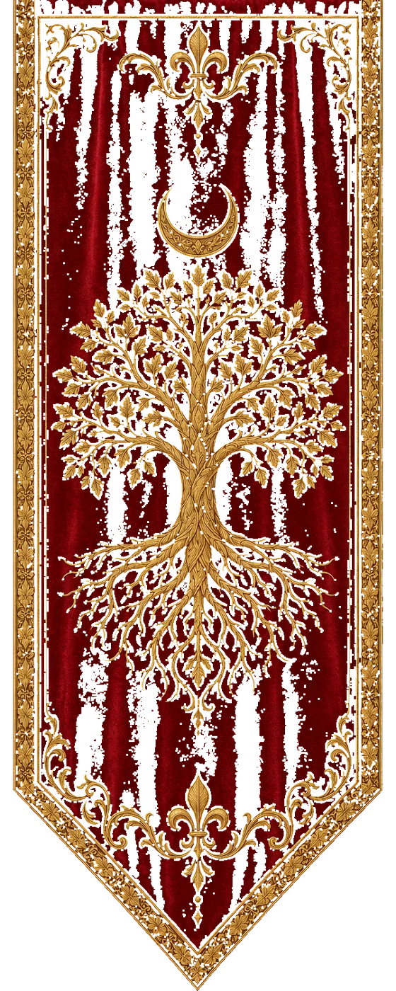 Crimson and gold banner of chapter three, bearing the tree of life with moon