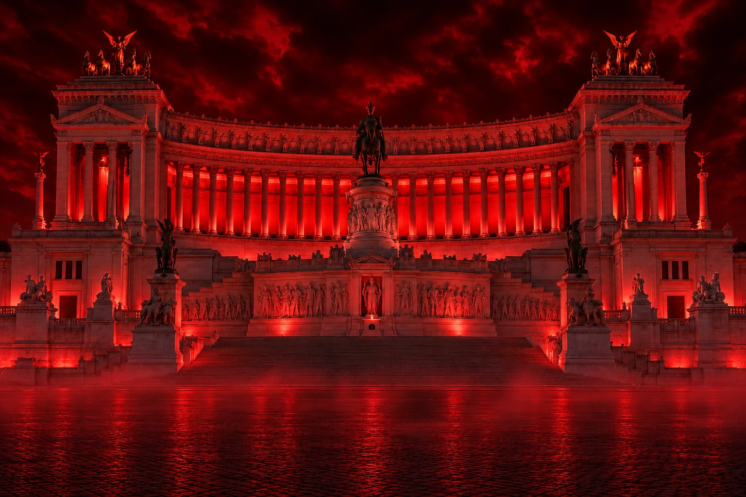 The monument robed in crimson — the power hour